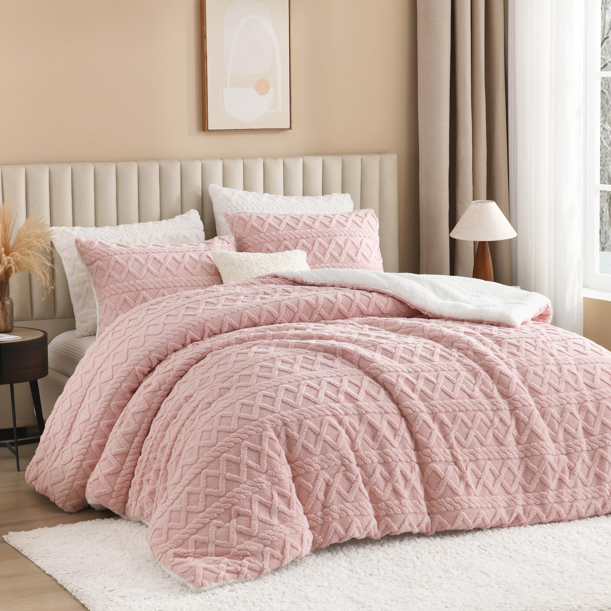 Andency Fluffy Sherpa Full Comforter Set, Super Soft Blush Fleece Warm Bedding For Winter, Luxury Jacquard Boho Thick Fuzzy Plus